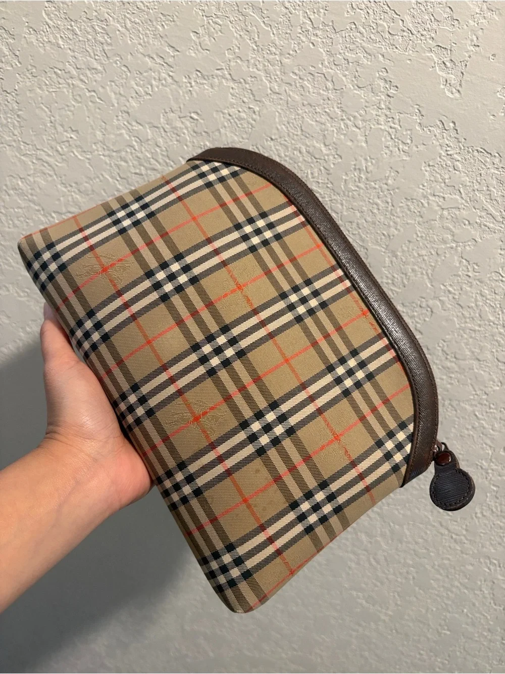 Burberry Vintage Tan Plaid Toiletry Pouch with Brown Trim